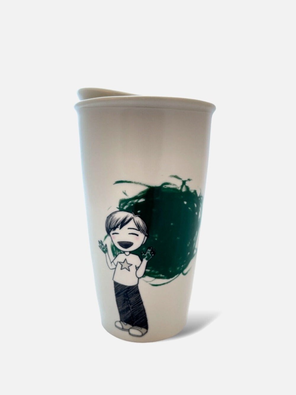 Starbucks 2015 Kid Green Finger Paint 12oz Ceramic Travel Tumbler with Lid